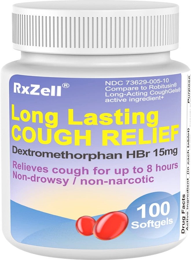 RXZELL Adult Cough Relief, Dextromethorphan HBr 15mg (100 Softgels), 8 Hour Long Lasting, Non-Drowsy, Cough/Bronchial Suppressant - Image 1